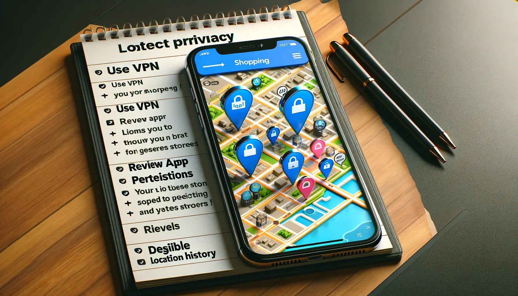a smartphone displaying a map with various shopping locations marked, highlighting the balance between using modern technology for convenience and maintaining privacy with smart practices.